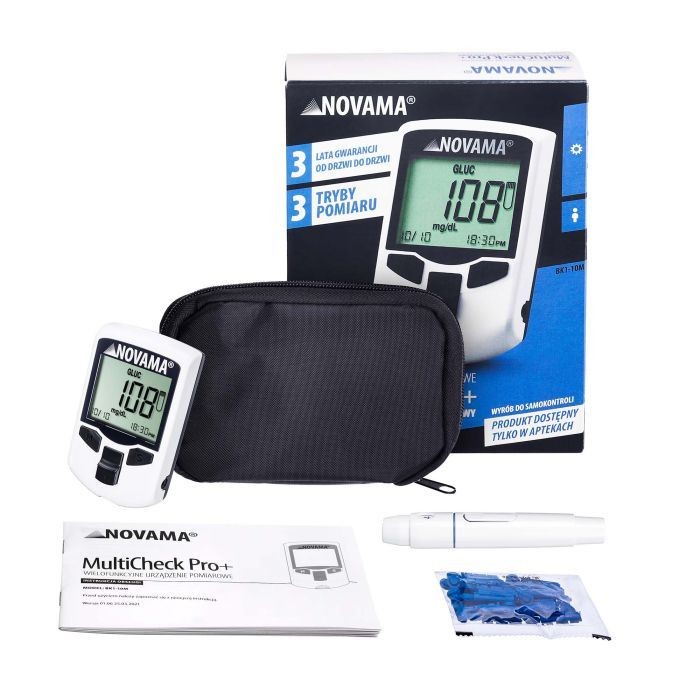 NOVAMA MULTICHECK PRO+ Zestaw z paskami glukoza, cholesterol, kwas moczowy